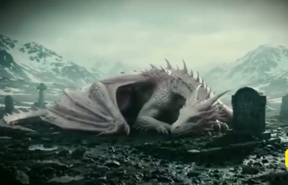 A pale dragon resting among gravestones in a snowy mountain valley