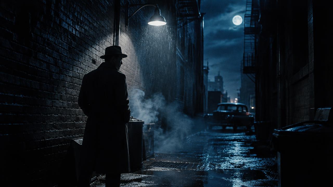 A detective in a rainy alley